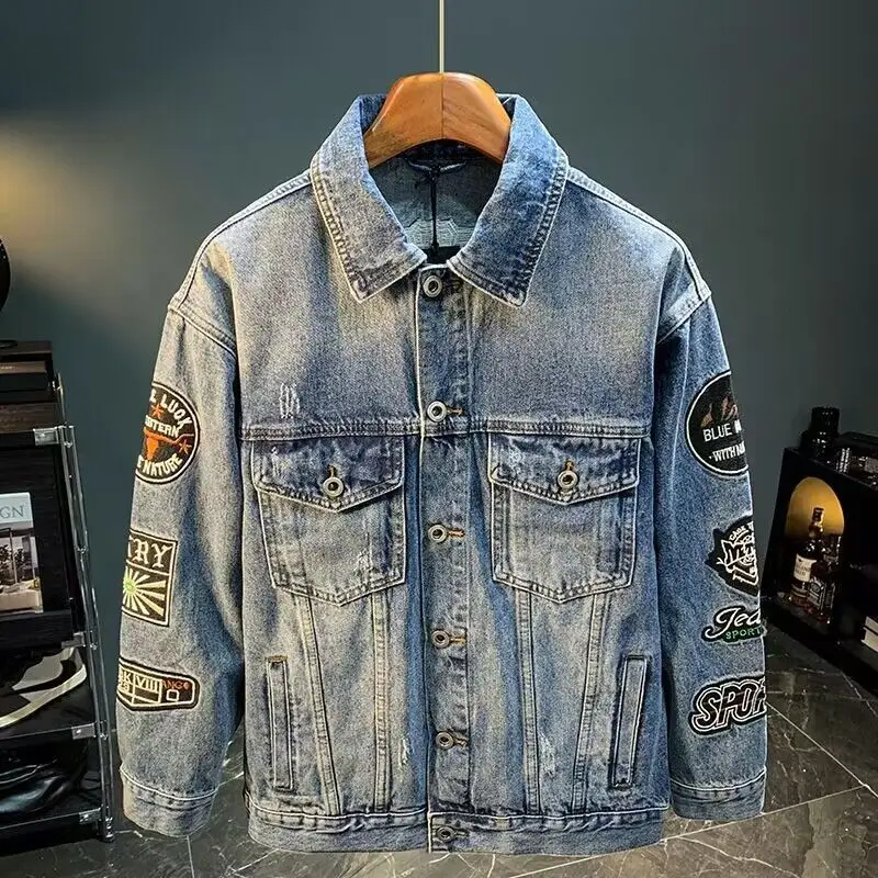 Street Fashion Jacket Men - Männer High Street Stickerei Patch Denim