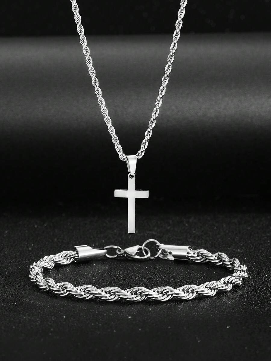 Street Fashion Jewelry - 1 Set Edelstahl-Kreuzanhänger-Halskette und Armband, Hip-Hop-Schmuck