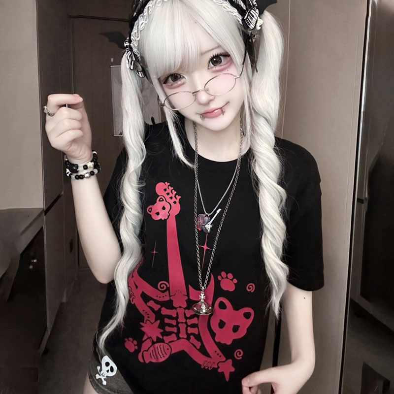 Fashion Street Cat - Japanisches Katzenrock-Print Damen Kurzarm-Baumwoll-Sommer-Mode Street-Punk-Subkultur Oversize