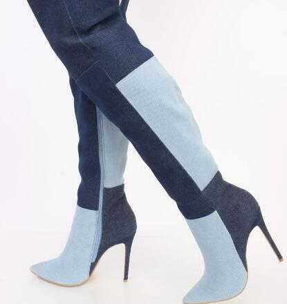 Street Fashion Denim - Blaue zweifarbige Denim-Overknee-Stiefel für Damen, Farbblock-Design,