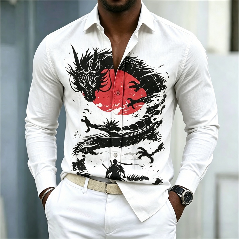 Street Fashion Style - 2026 Neues Herrenhemd Weiß Schwarz Rot