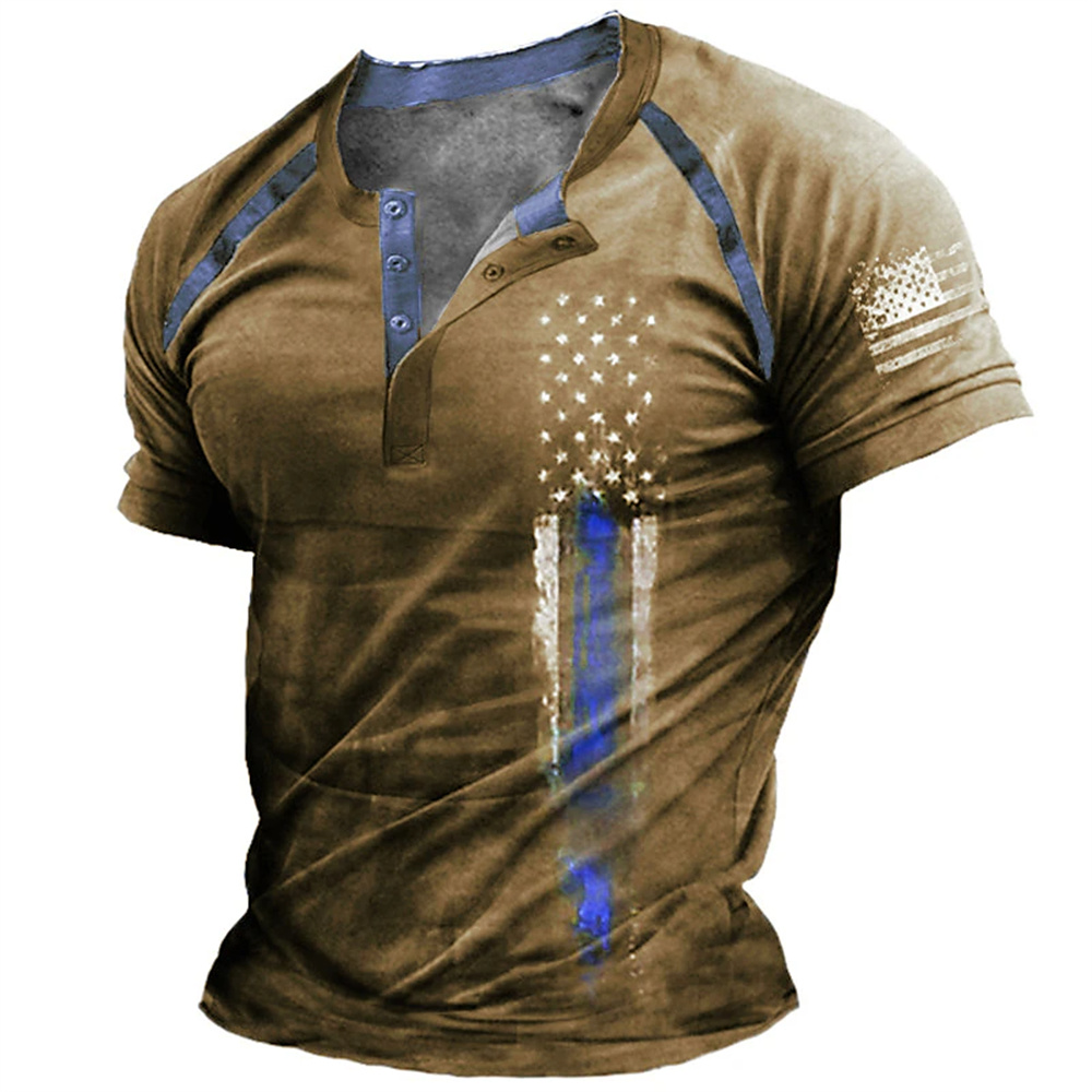 Street Fashion Style - Lustiges 3D-amerikanische-Flaggen-Print Herren-Henley-Shirt, modisches Henley-Kragen-Kurzarmshirt, Sommer-Streetwear,