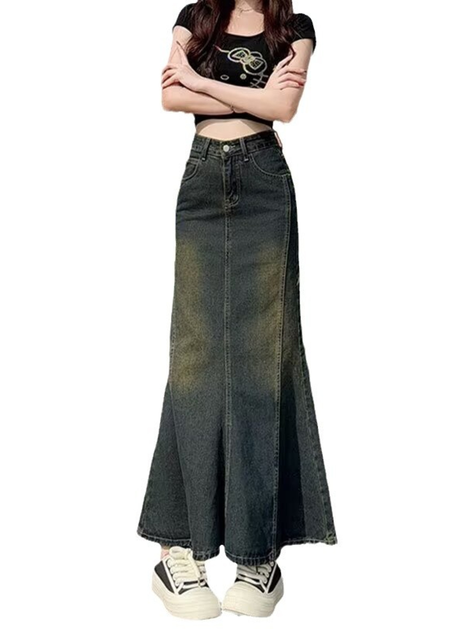 Street Fashion Jeans Women - Damen Vintage Gewaschener Denim Meerjungfrauen-Maxirock mit