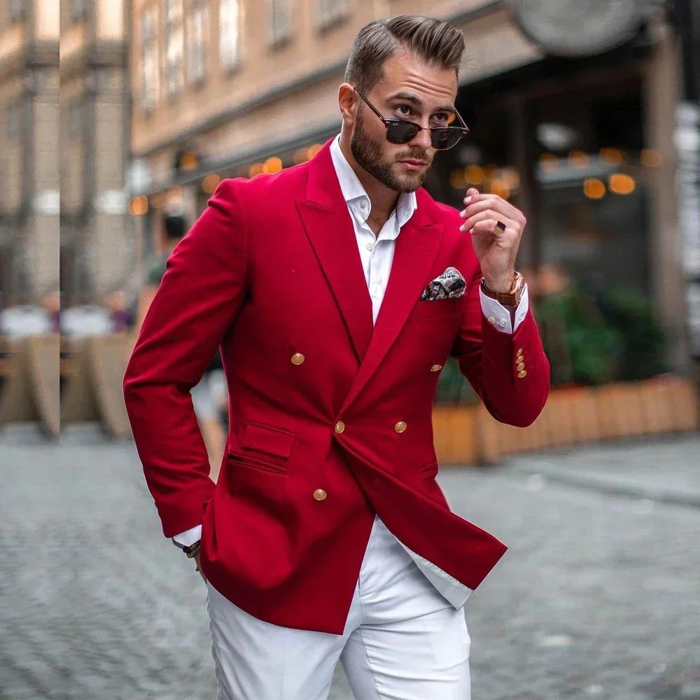 Street Fashion Jacket Men - Rote Jacke Weiße Hose Doppelreihiger Modischer