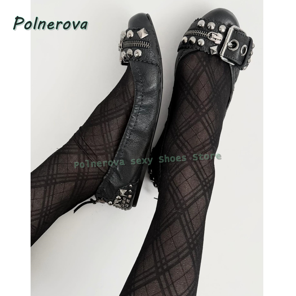 Street Fashion Style - Nieten-Gürtelschnallen Mary Jane Schuhe Spitze Flache