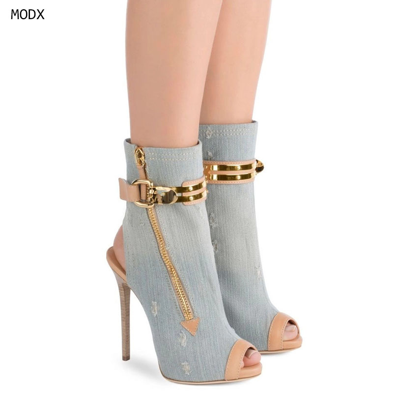 Street Fashion Denim - 2026 Damen Denim Distressed Open-Toe Stiletto-Absatz