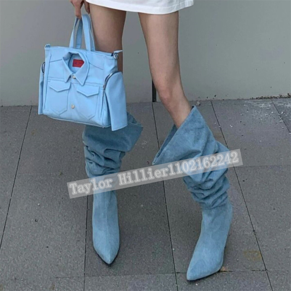 Street Fashion Denim - Frühlingsblaue Denim-Plissee-Slouch-Schuhe für Damen, spitze Zehenpartie,