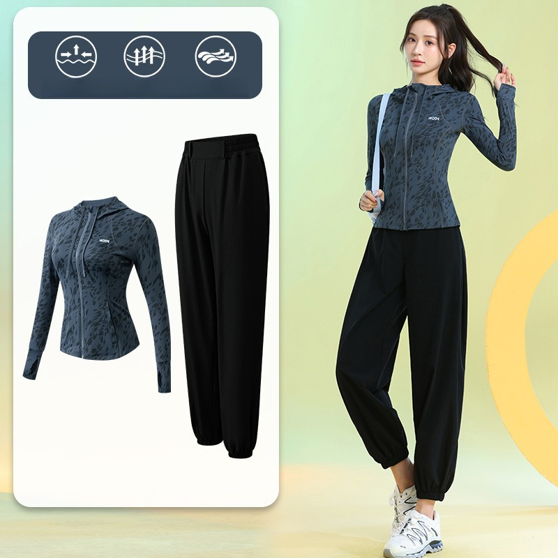 Running Pant Jogger - Damen-Laufanzüge, langärmelig, mit Blumenmuster, Reißverschluss, Kapuzenpullover,