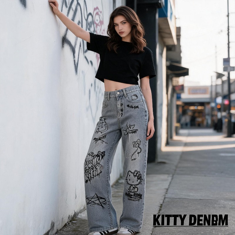 Niedliche Keiokitty Strass Gra – Street Fashion Jeans Women Bewertung und Preis