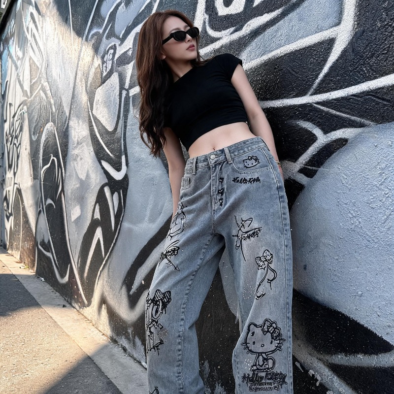 Niedliche Keiokitty Strass Gra – Street Fashion Jeans Women Bewertung und Preis